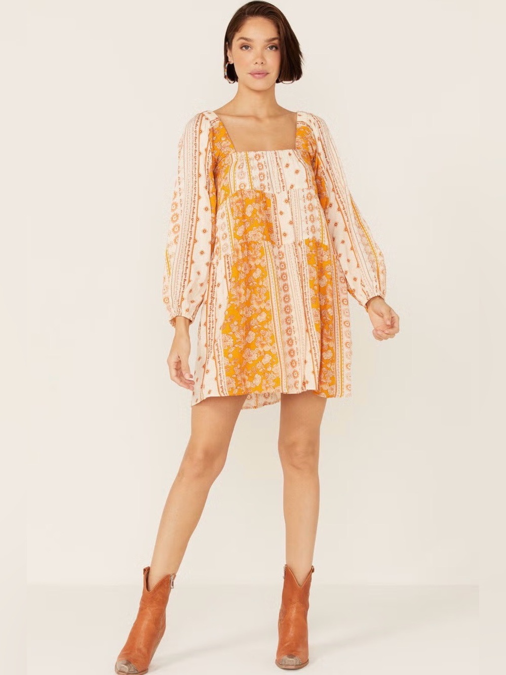 Boho Patchwork Floral Long-Sleeve Mini Dress in Mustard